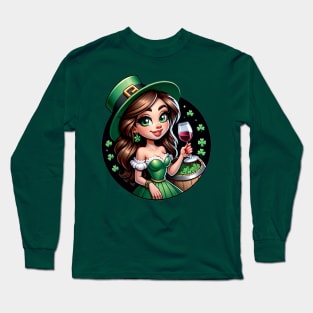 Pretty Irish Girl in green with shamrocks and a glass of wine Long Sleeve T-Shirt